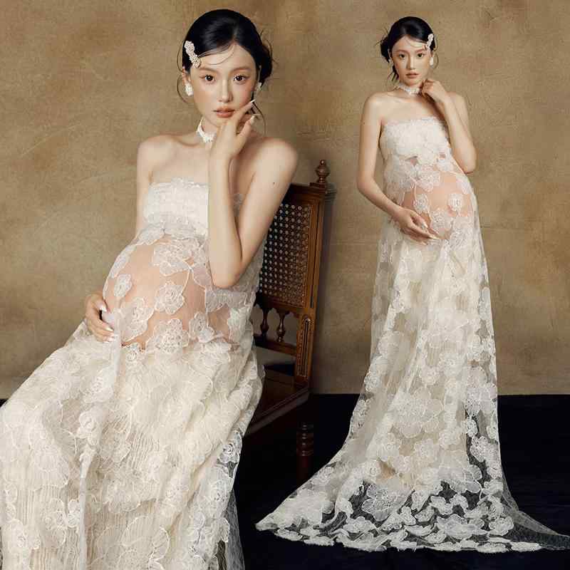 マタニティドレス レディース フォトスタジオ撮影 マタニティフォト 自宅撮影 妊婦 記念写真 ナチュラル ピュアセクシー風 清楚 セクシー エレガント フェミニン ロマンチック シフォン チュール ロング丈 フレア オフショルダー 衣装