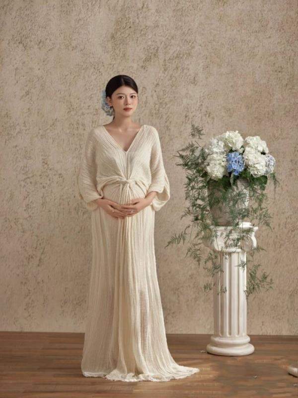 マタニティ ワンピース 妊婦 ドレス 中国風 モダンチャイナスタイル レトロ ヴィンテージ風 エレガント 禅風 プリーツ しわ加工 アート 写真撮影用 フォトスタジオ 記念撮影 撮影衣装