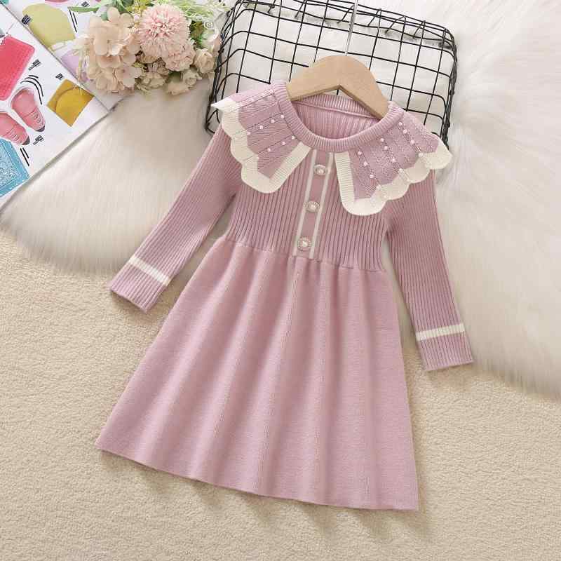 ワンピース 女の子 キッズ ベビー ニット 長袖 秋冬 かわいい プリンセスドレス パール飾り Aライン ミディ丈 厚手 保温 お出かけ イベント 普段使い 肌触り良い ピンク レッド 4,945円