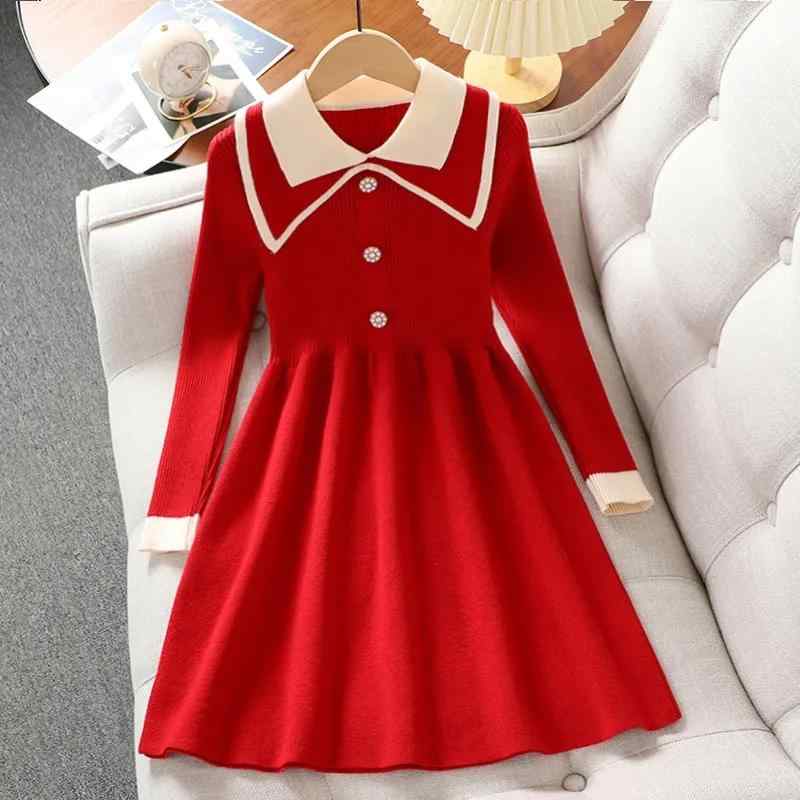 ワンピース 女の子 キッズ ジュニア ドレス ニットワンピース セーターワンピース Aライン フレア プリンセスドレス おしゃれ かわいい 上品 エレガント 赤 レッド 秋冬 普段使い 通学 お出かけ