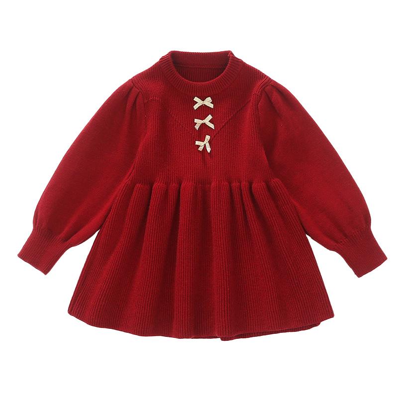 ワンピース 女の子 ベビー キッズ 子供 幼児 秋冬 ニット ドレス 蝶結び リボン ウエストマーク プリンセスライン ラウンドネック 綿混紡 保温 暖かい 柔らかい 厚手 かわいい お出かけ レッド