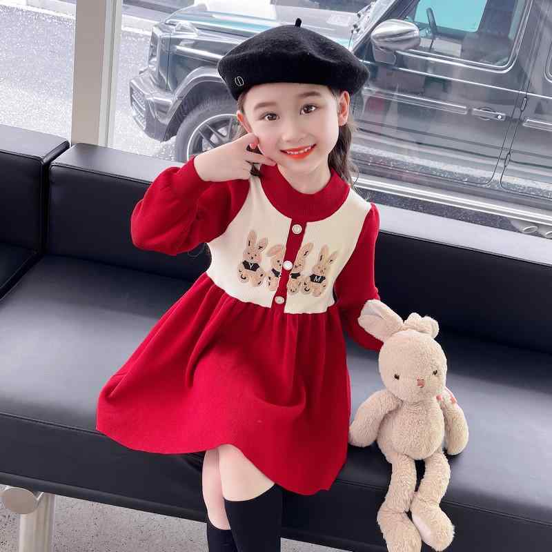 ワンピース 女の子 ベビー キッズ 子供服 ニット 長袖 プリンセスドレス Aライン 保温 暖かい キャラクター 綿 コットン 秋冬 赤 ピンク かわいい お出かけ 普段使い カジュアル ミディ丈 ドレス