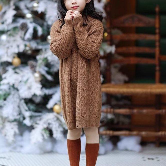 ワンピース 女の子 子供 ベビー ミラード風 ニット ケーブル編み 長袖 ストレートシルエット ドレス カジュアル 普段着 秋冬 かわいい カーキ レッド