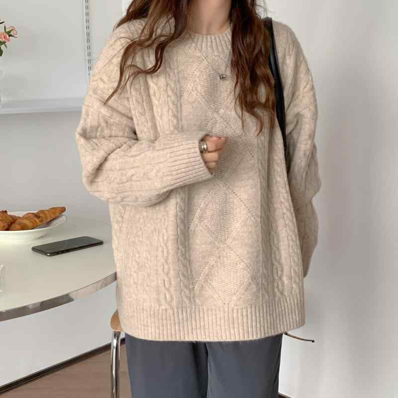 編み物 レディース 成人女性用 秋冬 有線テレビ編み 朦々たる ゆったり 濫りがわしい 伸び伸びする ティーシャツ 個人的特徴的  ラウンド素っ首 丸首 通い 普段使い走り 白いこと 薄墨色 象牙色