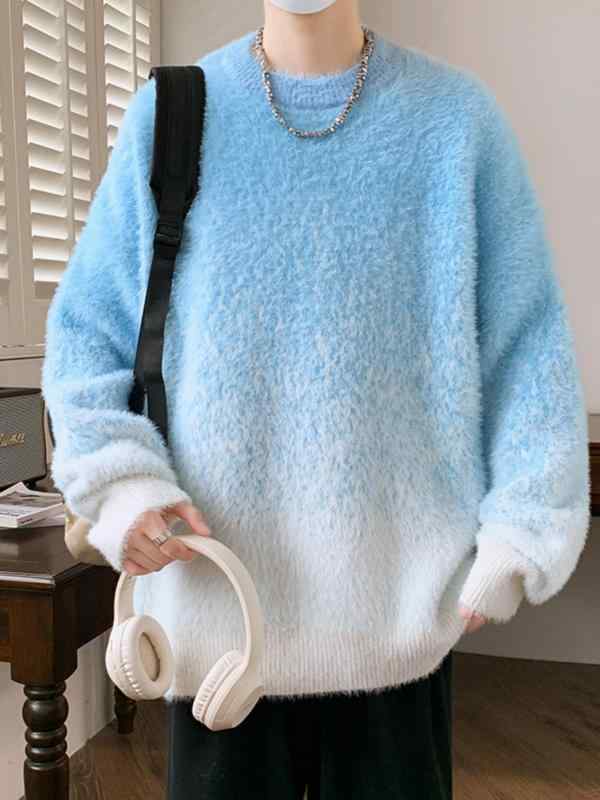 ニット メンズ 秋冬 ミンク調 フェイクファー 裏起毛 厚手 保温 暖かい ゆったり グラデーション柄 普段使い カジュアル 長袖 クルーネック トップス
