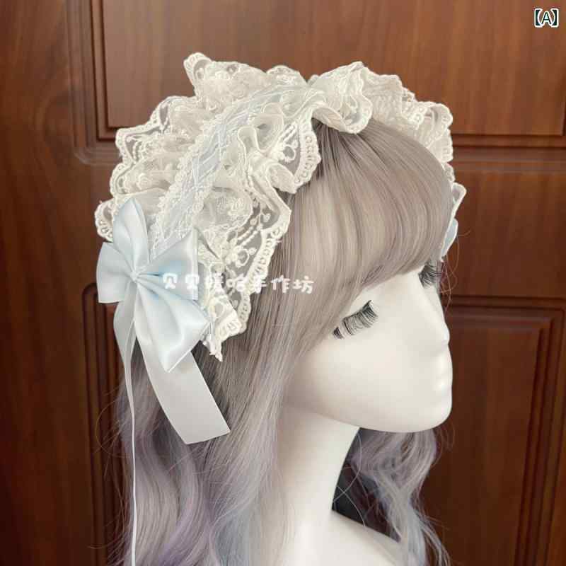 ロリータ ヘッドドレス 髪飾り レース リボン 蝶々結び ハンドメイド 水色 ミルキーブルー 薄ピンク カチューシャ ファッション小物 イベント パーティー コスプレ かわいい