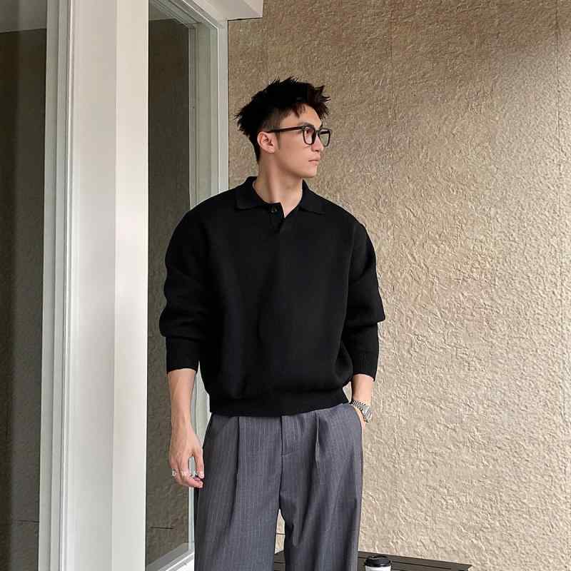 ニット メンズ 男性用 ポロ襟 プルオーバー セーター 秋冬 レトロ ヴィンテージ風 ゆったり リラックス 無地 ボタン 保温性 リヨセル アクリル ポリエステル リネン 普段使い カジュアル ダークグレー ブラック