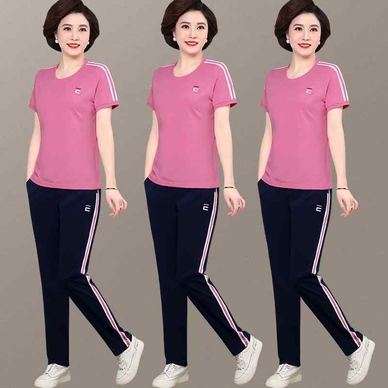 スポーツウェア レディース ミセス 半袖Tシャツ 長ズボン 2点セット 夏 クルーネック ゆったり 薄手 レーヨン混 無地 おしゃれ カジュアル ランニング ウォーキング 散歩 40代 50代 紺 ライトグレー ピンク