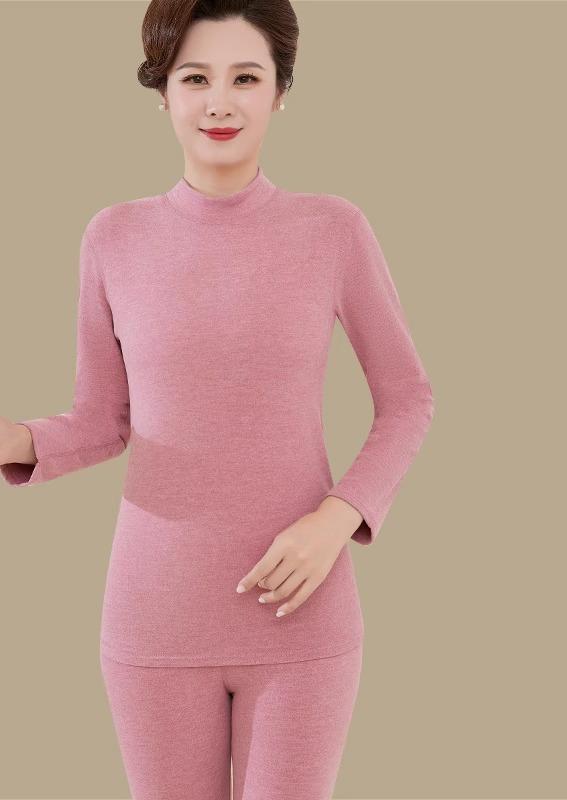 肌着セット レディース 中高年 女性 発熱保温 ウォームインナー 上下セット 両面起毛 厚手 ソフトタッチ ストレッチ 混紡素材 長袖 長ズボン クルーネック ハイネック ゆったり 大きいサイズ 体型カバー 部屋着 普段使い リラックス 秋冬 ピンク ロ