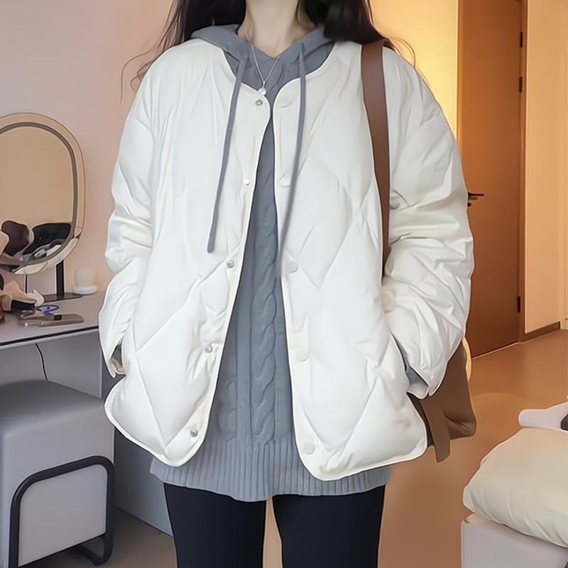 アウター レディース ひし形 キルティング ノーカラー 中綿ジャケット ショート丈 ゆったり 軽量 薄手 防寒 保温 ポリエステル 韓国 冬 白｜フロントップ店