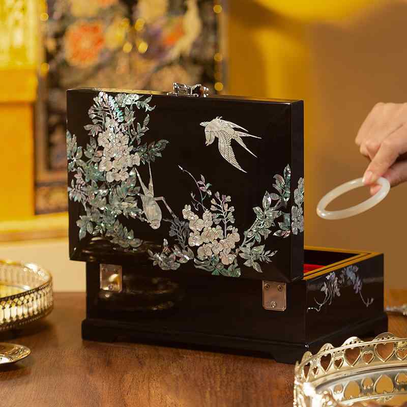 ジュエリーボックス アクセサリーケース 螺鈿漆器 多機能 収納 ネックレス 指輪 ブレスレット バングル 結婚祝い ギフト 木製 レトロ ヴィンテージ風 黒 赤 二段