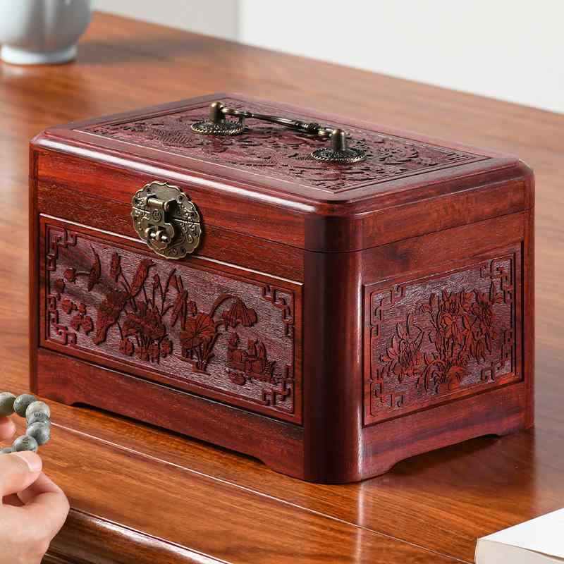 宝飾品ボックス席 レディース 醇乎たる材 刻みつける  鍵付き添い人 付属物入れもの 宝玉箱 紫檀 大紅酸枝 ビルマ花梨 納める 小入れもの 一緒になるお祭り 婚礼の儀物の具 結納品 レトロ アンティーク 赤系 黒系 臥し所用 ジュエリー・アクセサリー-収納ボックス・ケース-ジュエリー・アクセサリー用品