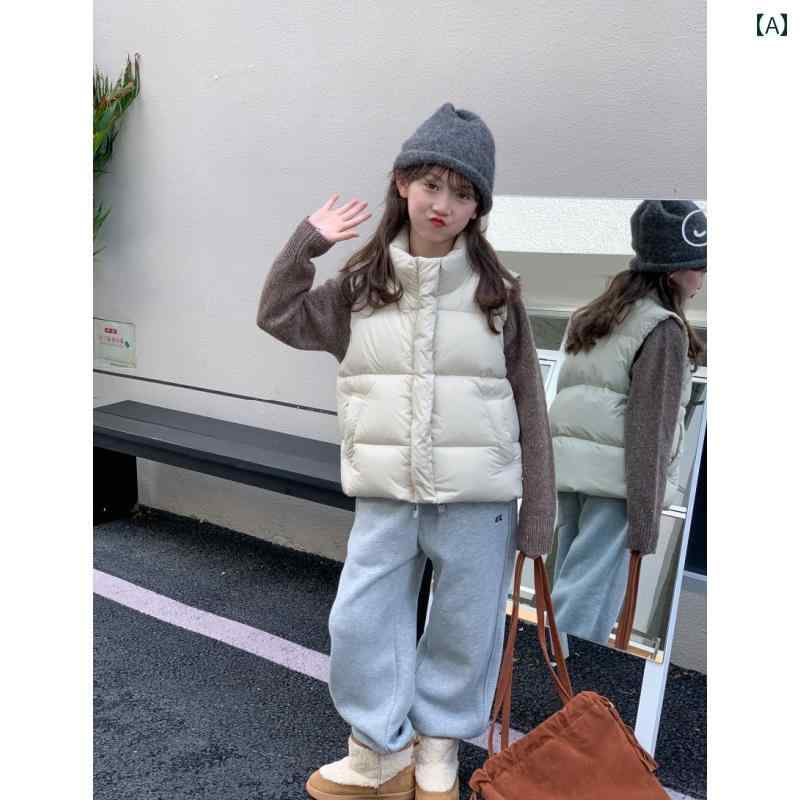 ベスト キッズ 男の子 女の子 冬 ダウン 90% 防寒 保温 軽量 ナイロン 厚手 レギュラー丈 無地 黒 米ベージュ おしゃれ 普段使い 通学