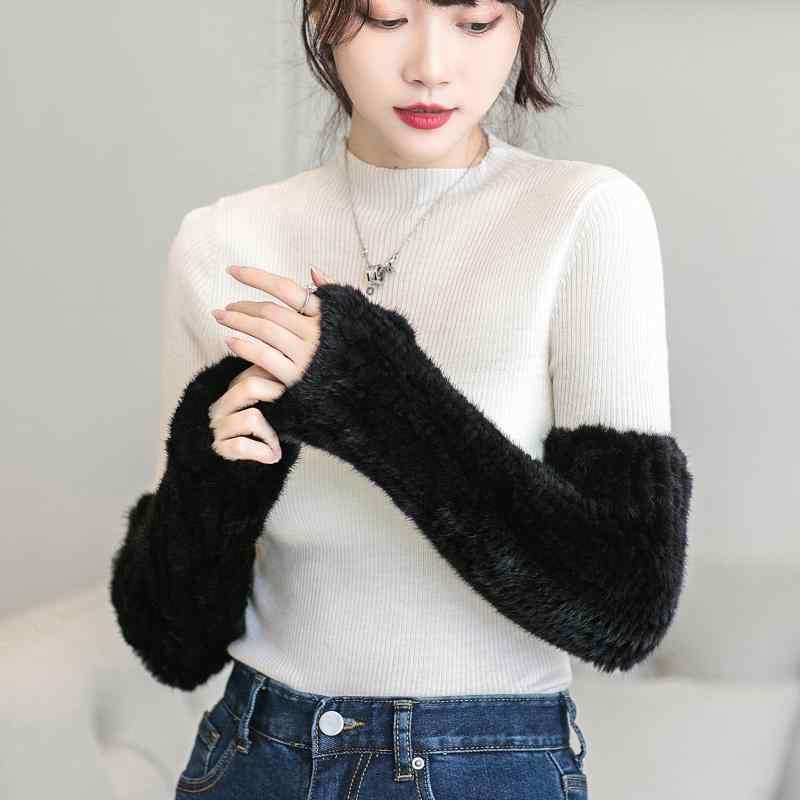 アームウォーマー レディース ミンクファー リアルミンク 防寒 保温 指なし手袋 ロング丈 編み込み あったか グローブ 普段使い 冬｜フロントップ店