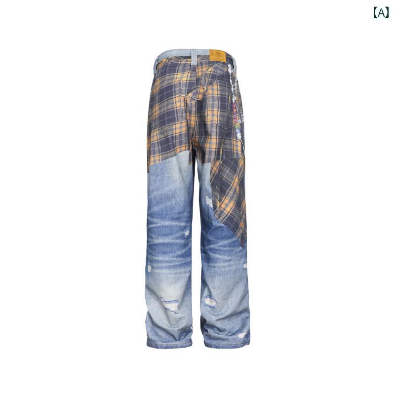 デニムパンツ メンズ レディース プリント チェック柄 ゆったり ストレート ジーンズ ウォッシュ加工 ハイウエスト コットン オールシーズン カジュアル 普段使い 通勤 長ズボン ブルー