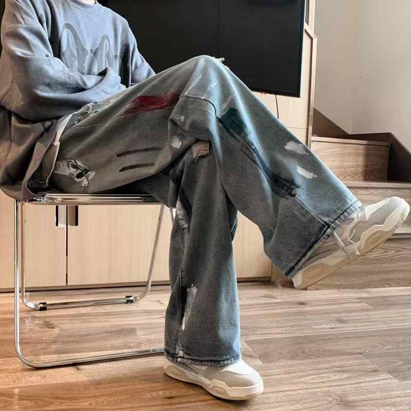 デニムパンツ メンズ レディース ストリート ファッション ビッグサイズ カジュアル ストレート ジーンズ アメカジ レトロ ヴィンテージ風 グラフィティ ペイント ダメージ クラッシュ ワイド ロングパンツ 春秋 ブルー