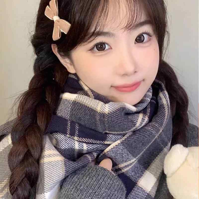 マフラー レディース 学生 韓国 かわいい 厚手 あったか 保温 防寒 チェック柄 ストール 冬 ブルー