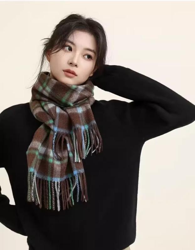 マフラー ストール レディース 女性用 秋冬 ウール 保温 温かい フリンジ チェック柄 万能 上品 長方形 英国風 グリーン系 グレー系 ブラウン系