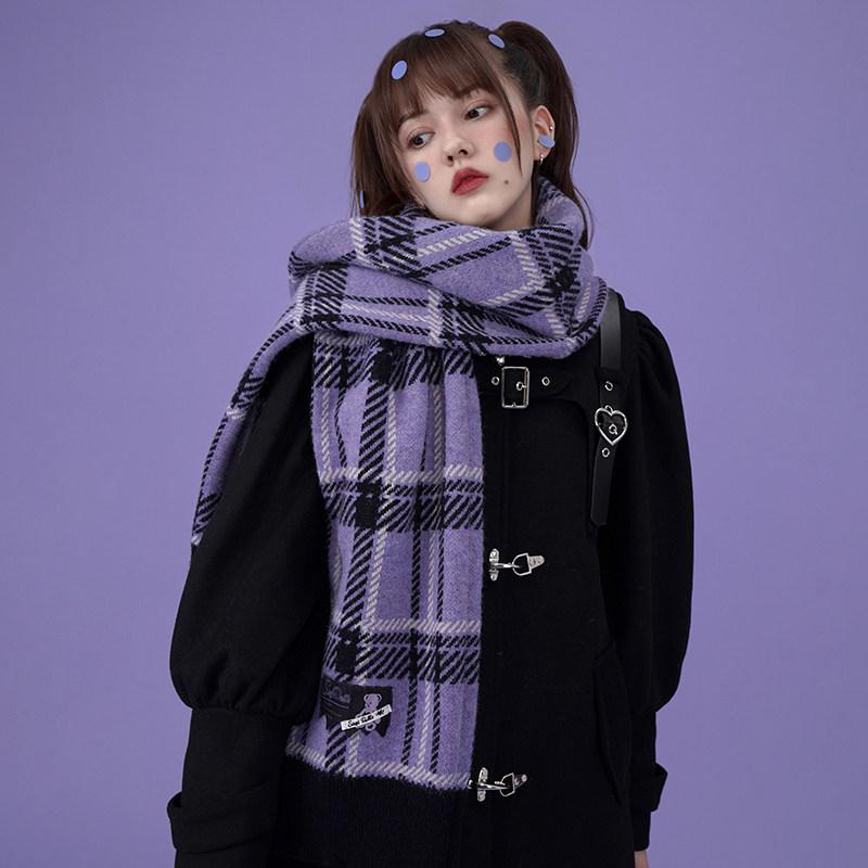 マフラー メンズ レディース ニット 紫 チェック柄 着回し 多用途 甘辛ミックス 厚手 保温 防寒 冬 スカーフ アクリル 長方形