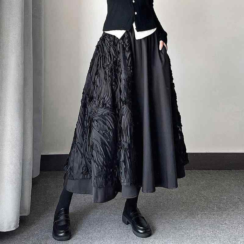 スカート レディース 黒 秋冬 ミドル丈 ミモレ丈 Aライン フレアスカート 刺繍 立体装飾 切り替え ポリエステル 大きいサイズ ゆったり 小柄 体型カバー 普段使い カジュアル