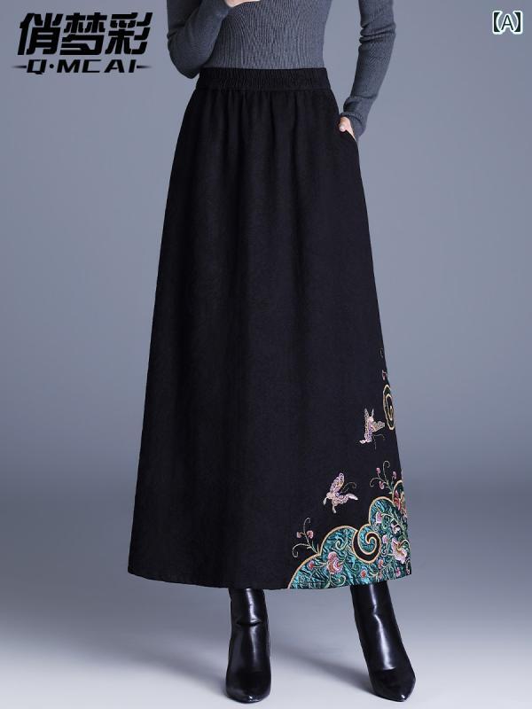 スカート レディース 新中国風 国風 刺繍 ミモレ丈 Aライン ハイウエスト フレアスカート 普段使い カジュアル お出かけ 体型カバー 秋 20代 30代 緑 ブラウン 韓国
