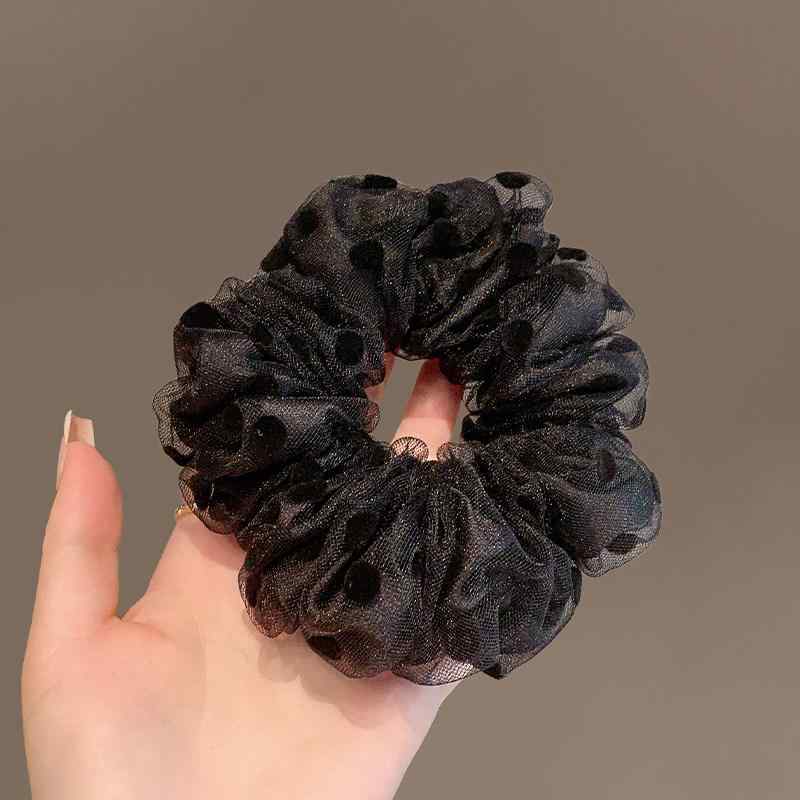 シュシュ 上品 エレガント メッシュ シアー レトロ ドット 水玉 ヘアゴム ヘアタイ 髪飾り お団子ヘア まとめ髪 シンプル 万能 黒 春夏 ヘアアクセサリー