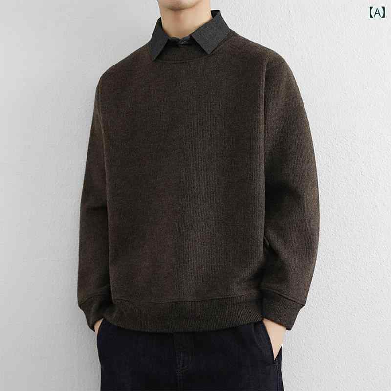 トレーナー メンズ 裏起毛 厚手 保温 防寒 フェイクレイヤード シャツ襟 プルオーバー カジュアル 着回し ゆったり 秋冬 ポリエステル オフホワイト コーヒーブラウン ライトグレー