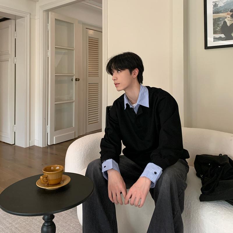 流汗 メンズ レディース 韓国 フェイクレイヤード 色彩設計うつり変わり 襟付き添い人 裏起毛 長袖 ゆったり 濫りがわしい ティーシャツ トップス 調教師 表どおり 心地よい 無地 黒 白 灰 レギュラー丈 秋冬