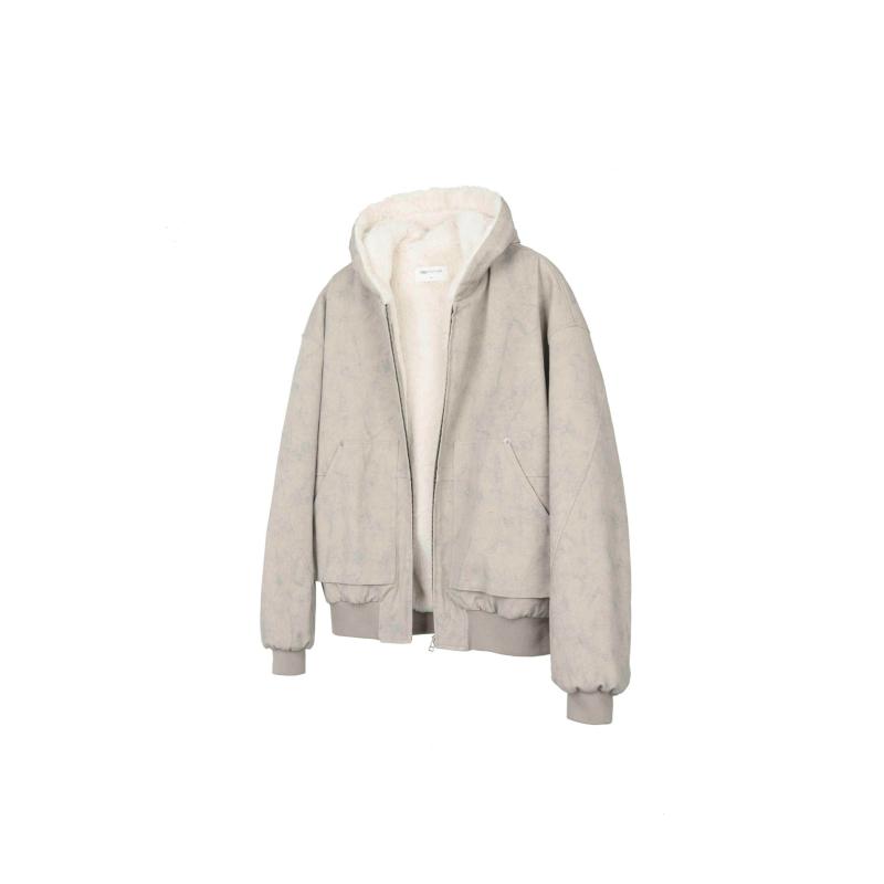 ジャケット メンズ レディース 秋冬 フェイクファー ミンク風 ポリエステル 中綿 フード付き ゆったり ビッグシルエット 大理石柄 ベージュグレー 厚手 保温 防寒 カジュアル ストリート デイリー 普段使い 14,457円