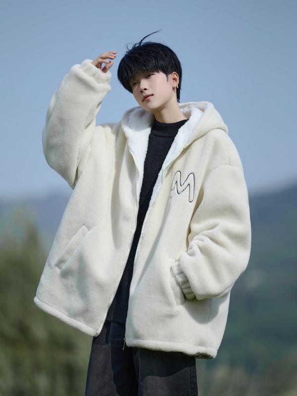 ジャケット メンズ レディース ソフトタッチ シープボア フード付き ゆったり ビッグシルエット 厚手 あったか 保温 防寒 秋冬 ポリエステル ボア裏地 黒 カーキ 白 アウター|フロントップ店