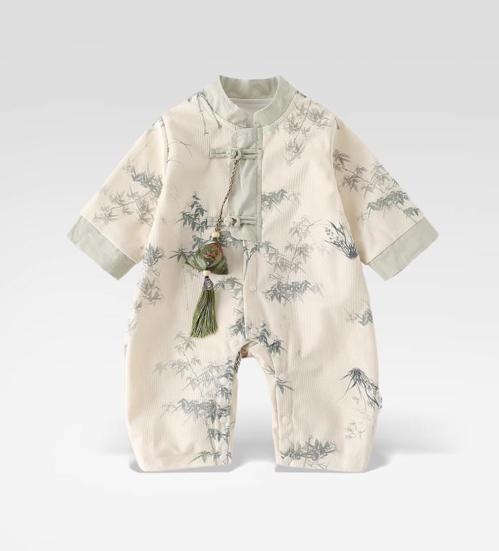 ロンパース 男の子 ベビー 中国風 唐装スタイル 百日祝い お食い初め お宮参り 1歳 誕生日 礼服 お祝い着 フォーマル カバーオール 吸湿速乾 春秋 ライトグリーン