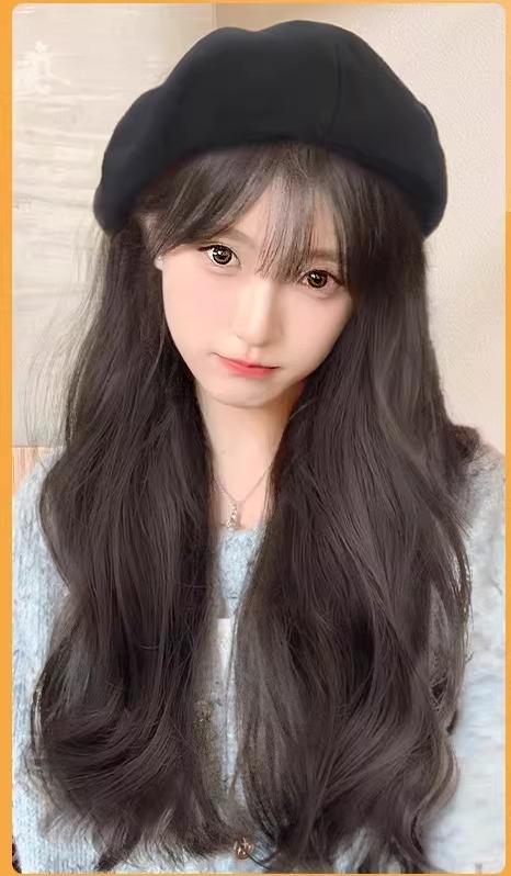 ウィッグ 帽子付き レディース かつら 秋冬 取り外し可能 ベレー帽 前髪あり カール ロング ウェーブ ボリューム感 自然 茶 黒 おしゃれ ヤング コスプレ 普段使い