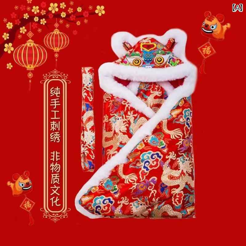 ベビー 男の子 女の子 おくるみ スワドル ケープ ブランケット 手作り 中国風 刺しゅう 虎柄 厚手 暖かい 防寒 フランネル 新生児 赤