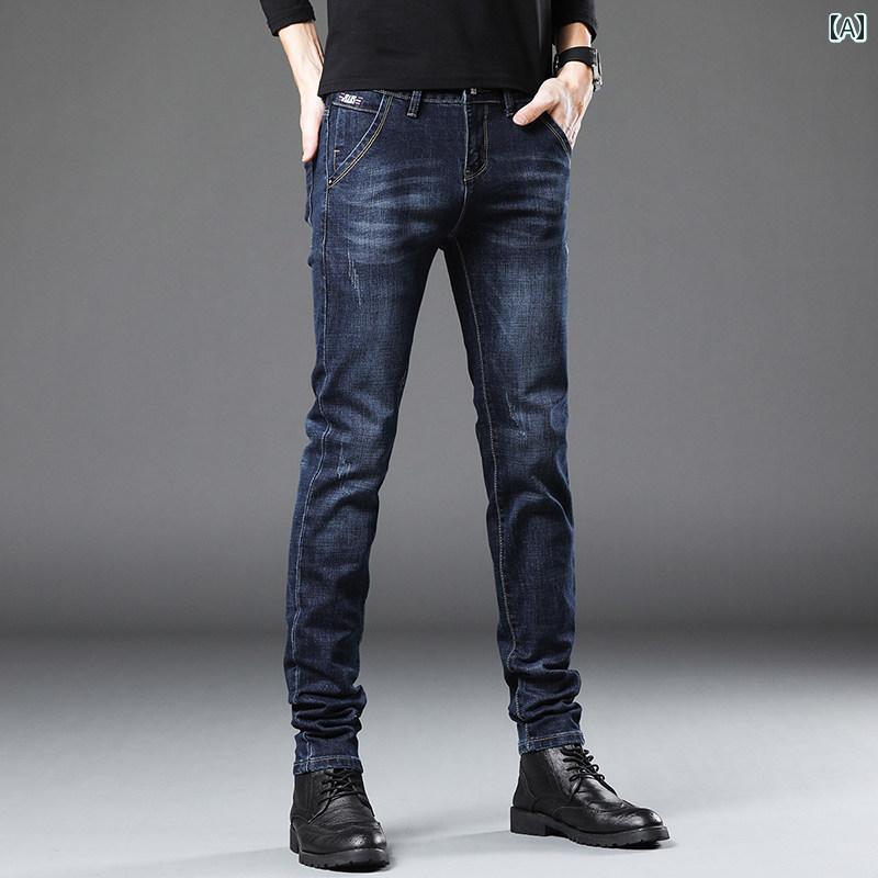 ジーンズ メンズ デニムパンツ 男性用 スリムフィット スキニー テーパード ストレッチ ロングパンツ 長ズボン カジュアル 普段使い おしゃれ トレンド ウォッシュ加工 綿混 立体裁断 ブラック ブルー グレー