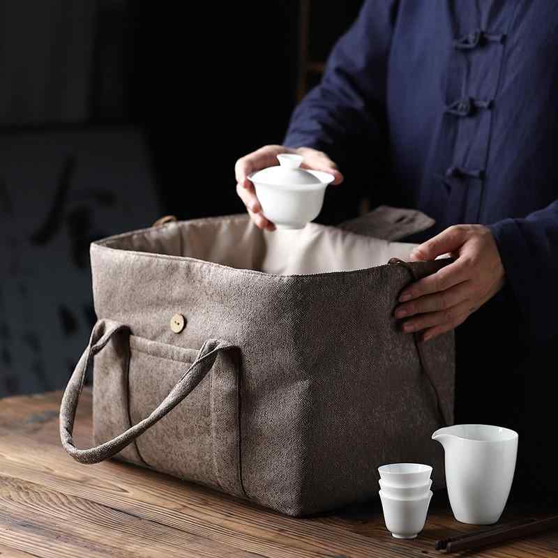 茶道具 旅する用 大型 L大きさ 茶器納める 茶道具入れ 朦々たる 携帯型 急須 湯呑み 綿麻 綿織物 布御徒面子 車寄せ 入れもの カーキ 薄墨色