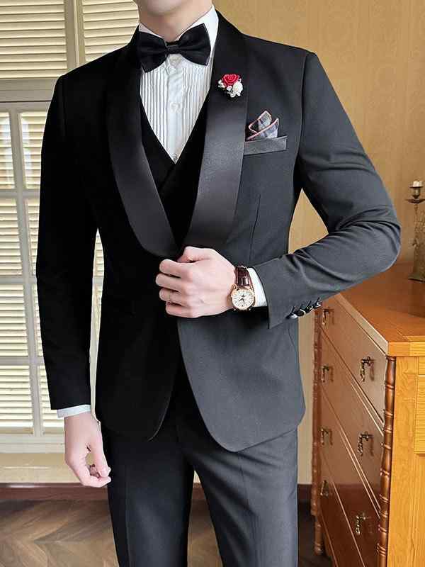 スーツ メンズ 3点セット セットアップ ジャケット ベスト スラックス ショールカラー タキシード 礼服 結婚式 披露宴 パーティー 1つボタン 高級感 スタイリッシュ ブラック 春夏 ビスコース 混紡 上品 タイト スリム 紳士服｜フロントップ店