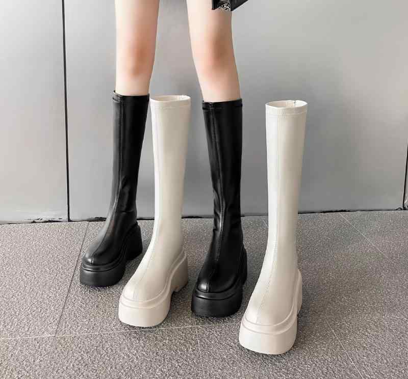 ブーツ レディース おしゃれ ロング シークレット インヒール 厚底 ジョッキー 低身長向け ラウンドトゥ バックジッパー マイクロファイバー 黒 白 春秋 韓国 シンプル|フロントップ店