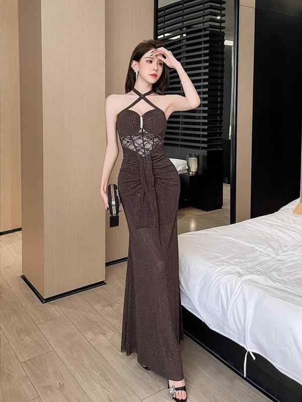 ワンピース レディース ロングドレス セクシー キャバ タイト スリット ホルターネック チュール シースルー 背中あき ハイウエスト 高級感 春夏 ポリエステル コーヒー シャンパン パーティー お呼ばれ
