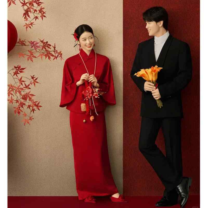 セットアップ レディース チャイナドレス モダン ロングスカート Aライン ハイウエスト 結婚式 披露宴 お色直し ワインレッド 赤 上品 エレガント 高級感 春夏 長袖 立襟 フォーマル マキシ丈 ポリエステル