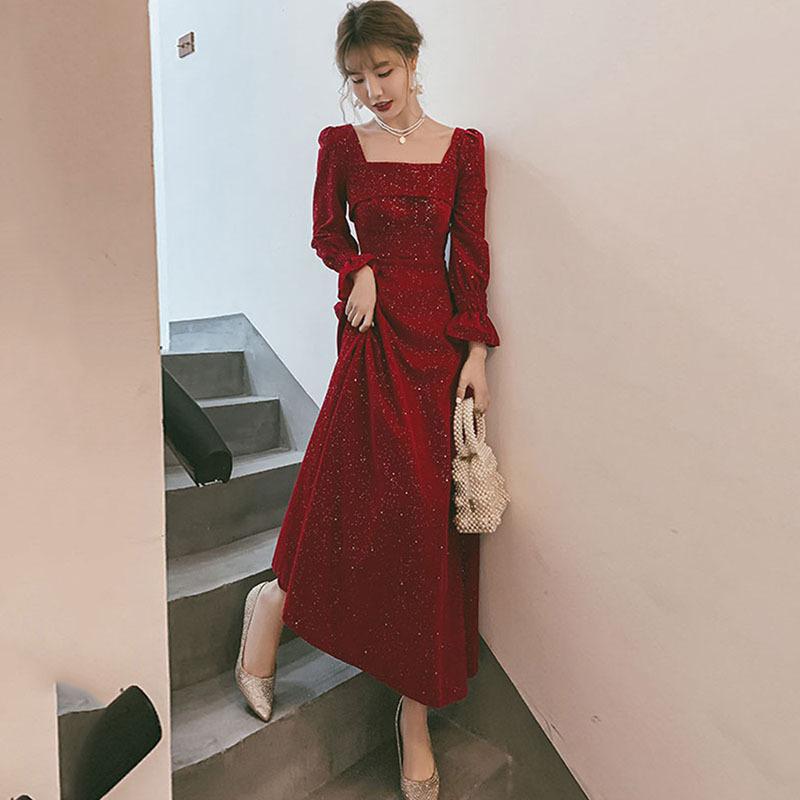 ドレス レディース 結婚式 二次会 お呼ばれ ワンピース ワインレッド Aライン ミモレ丈 ハイウエスト 三分袖 二の腕カバー 体型カバー 着痩せ 細見え 小さいサイズ フォーマル 上品 エレガント 高級感 春夏