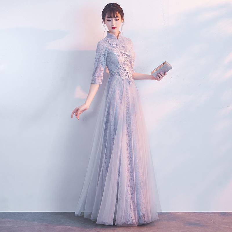 パーティードレス レディース ロングドレス チャイナドレス風 ワンピース イブニングドレス 結婚式 披露宴 二次会 Aライン ハイウエスト 五分袖 スリム ロング丈 編み上げ スモーキーグレー ゴールド ブラック 春夏