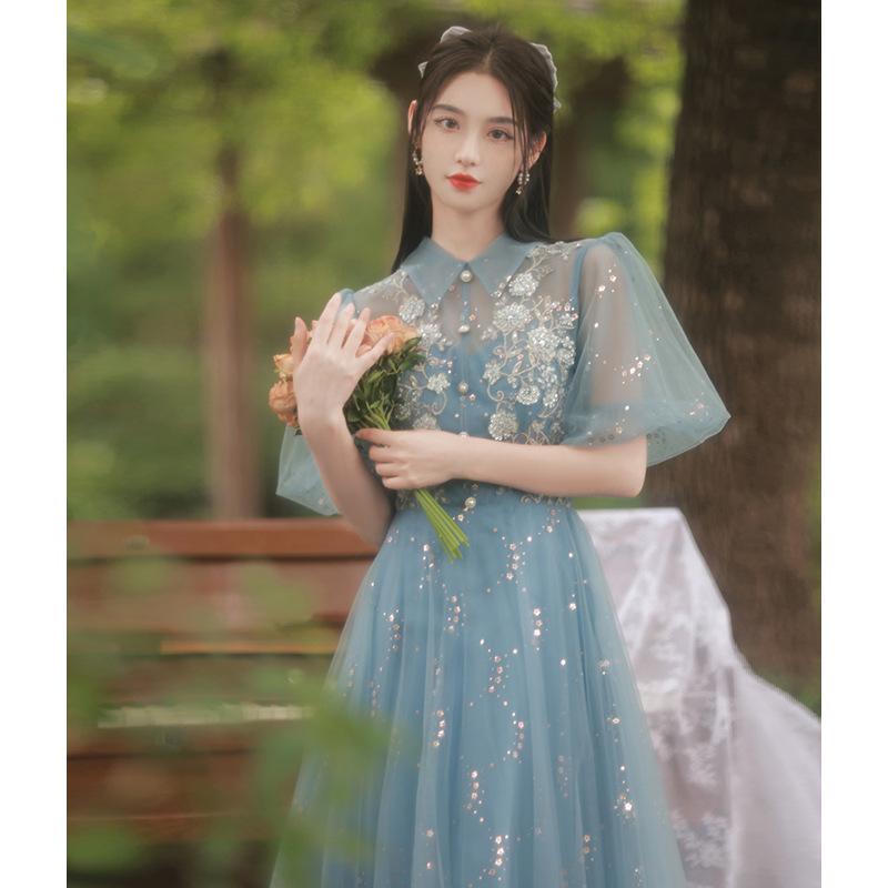 ロングドレス レディース パーティードレス イブニングドレス ブルー 演奏会 結婚式 司会用 ブライズメイド パフスリーブ プリンセス袖 エレガント 高級感 上品 華やか 秋冬 Aライン きれいめ フォーマル ワンピース マキシ丈
