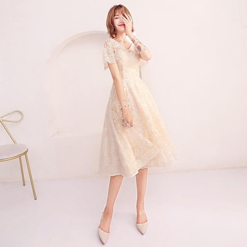 ドレス レディース 結婚式 演奏会 パーティー フォーマルワンピース ミモレ丈 Aライン ハイウエスト 体型カバー 着痩せ 半袖 春夏 レッド グレー シャンパン 上品 高級感 きれいめ エレガント 大人 華やか