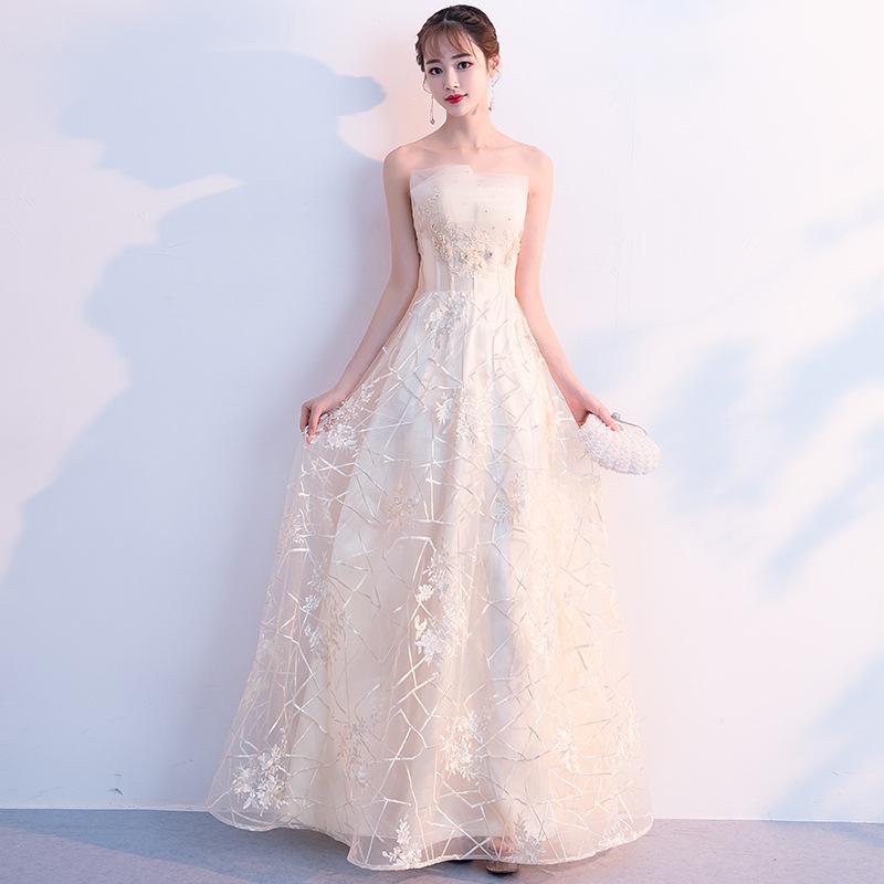 ドレス レディース シャンパン 宴会 パーティー 結婚式 ワンピース Aライン ハイウエスト ベアトップ ミモレ丈 エレガント 高級感 フォーマル 上品 きれいめ 大人 シンプル 無地 フレア 体型カバー