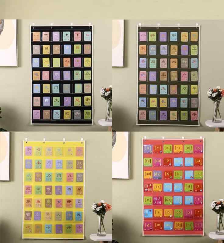 ウォールポケット 壁掛け 収納 吊り下げ 男の子 女の子 早期教育 識字 学習 漢字 カード ディスプレイ ロング クリア 厚手 オックスフォード 生地 緑 黒 青 英語 セット