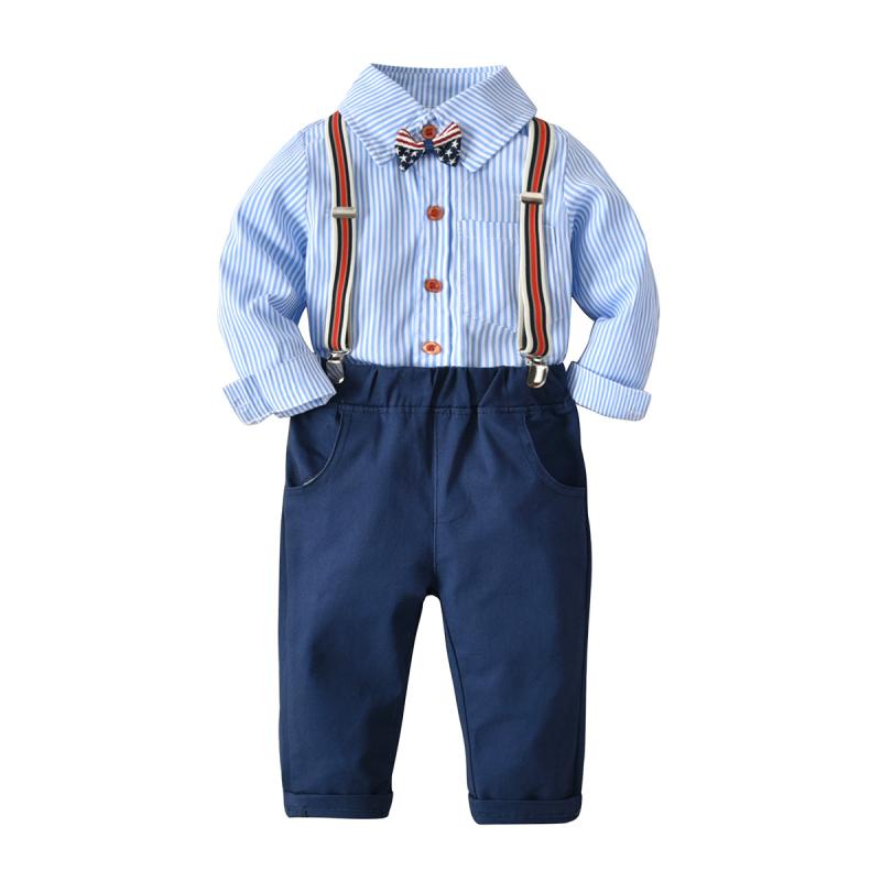 セットアップ 男の子 ベビー キッズ 長袖 ストライプ シャツ サスペンダーパンツ 紳士服 フォーマル スーツ 上下セット 結婚式 入園式 七五三 綿 コットン 柔らかい オールシーズン ネイビー ホワイト チェック