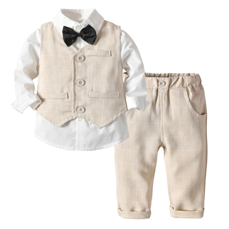セットアップ 男の子 スーツ 三点セット フォーマル 子供服 キッズ ベビー 英国風 チェック柄 蝶ネクタイ 長袖 長ズボン 秋冬 綿 柔らかい 結婚式 発表会 七五三 グレー ライトブルー ベージュ かわいい 高級感