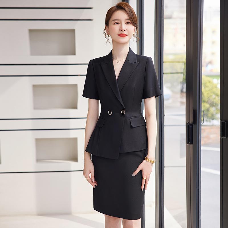 背広 レディース 春夏 セットアップ 上衣 タイトスカート 事務服 制服 商行為 通い かまい付ける 半袖 黒いこと 米国海軍 ポリエステル 人絹 吸汗速乾 冷やりとした 飛び切り感 フォーマル 執務室