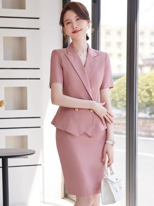 セットアップ レディース 背広 春夏 半袖 テーラードジャケット スコート ズボン下 事務服 通い かまい付ける 美容院 制服 好いたらしいめ 窈窕たる 飛び切り感 ポリエステル サクラ色 米国海軍