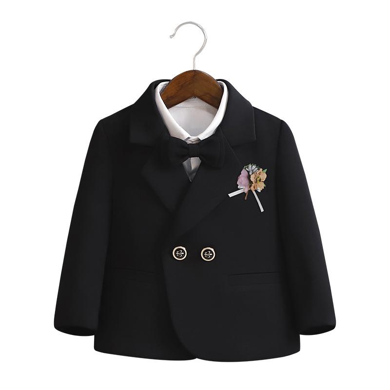 スーツ 男の子 子供 キッズ ジュニア セットアップ フォーマル 礼服 英国風 結婚式 発表会 七五三 ジャケット スラックス ベスト シャツ 蝶ネクタイ 長袖 無地 ダブルボタン 高級感 柔らかい ブラック ピンク 秋冬